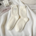 Creamy white plush mid-calf socks with sweet dark grey bow embroidery detail - Grey Bow (1 Pair)