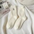 Creamy white thermal coral fleece mid-tube socks with delicate black bow embroidery - Black Bow (1 Pair)