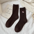 Dark brown wool knit crew socks featuring a cute white puppy embroidery for autumn - Dark Coffee