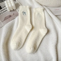 Cozy cream white thermal plush socks featuring detailed blue embroidered bows - Blue Bow (1 Pair)