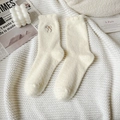 Creamy white thermal mid-calf socks with brown bow embroidery and ruffled cuffs - Coffee Bow (1 Pair)