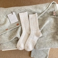 Chic beige cable knit crew socks with colorful confetti dots and vintage texture - White