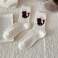 Cozy white mid-calf socks with cute black cat embroidery and warm thermal wool texture - White