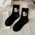 Cute black thermal socks with cat embroidery and red yarn ball, warm winter hosiery - Black