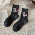 Thick charcoal grey wool socks with cute white cat embroidery and red bow detail - Dark Gray