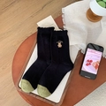 Cute black wool mid-tube socks featuring a bear embroidery and green toe contrast - One Size / Bear / 1 Pair / Black
