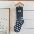 Dark grey crew socks with light blue stripes and Goodluck cloud label for autumn - One Size / Striped Pattern