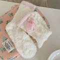 Thick coral fleece socks in cream white with a cute pink plush bunny accessory - One Size / Pink Rabbit