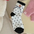 Plush coral fleece white socks with black polka dots, bow detail and bear patch - One Size / White