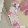 Pink and white coral fleece socks with polka dots and cute bear bow decoration - One Size / Pink