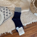 Navy blue mid-calf cotton socks with grey ruffled edges and vertical ribbed texture - Navy Blue