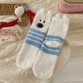 Calze in morbido pile corallo con strisce blu e simpatico motivo a faccia d'orso - Taglia unica / Righe Blu