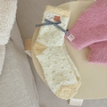 Beige coral fleece socks with brown polka dots and cute bear patch bow decoration - One Size / Yellow