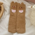 Calcetines cálidos de vellón coral con oso pardo, orejas 3D y bordes rizados - Talla única / Color Teddy