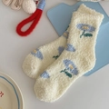 Chaussettes épaisses en polaire corail crème avec motif floral bleu et jaune - Taille unique / Petite Fleur Bleue