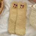 Cute cartoon bear coral fleece socks in light yellow with soft fuzzy texture for winter - One Size / Dark Yellow