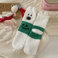Cute green and white coral fleece dog socks with bear embroidery and fuzzy ears - One Size / Smiley Style