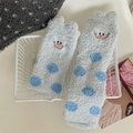Plush light grey coral fleece socks featuring blue polka dots and a cute cartoon cat face - One Size / Blue
