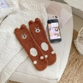 Morbide calze in pile marrone con orecchie d'orso 3D e stampe di zampe per l'inverno - Taglia unica / Marrone