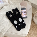Cute black fuzzy coral fleece socks with 3D cat ears and white paw print embroidery - One Size / Black