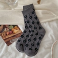 Chic grey mid-calf socks with black floral patterns and vintage ribbed cuffs - One Size / Grey Small Flower Pair