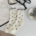 Calze bianche con motivi a fiocco neri e bordi arricciati in stile coreano minimalista - Bianco Latte (1 Paio)