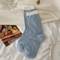 Light blue mid-calf socks with white trim and butterfly patterns in a soft cotton knit - One Size / Blue Butterfly Pair