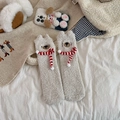 Cozy beige-gray coral fleece bear socks with 3D ears and striped scarf detail - One Size / Beige