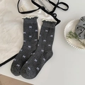 Deep grey knitted crew socks with white bow jacquard and frill cuffs for women - Dark Gray (1 Pair)