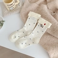 Creamy white crew socks with black polka dots and cute dog embroidery detail - Milk White (Puppy Dots)