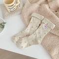 Beige cotton socks with brown floral pattern and cute embroidered cartoon rabbit motif - Oatmeal (Rabbit Floral)