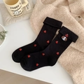 Black embroidered crew socks featuring red apple patterns and cute puppy detail - Black (Puppy Apple)