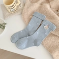 Light blue mid-calf socks with white bow print and cute embroidered puppy patch - Blue (Puppy Bow)