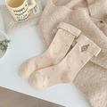 Beige mid-calf socks with pink heart patterns and cute bear embroidery on folded cuffs - Khaki (Bear Heart)