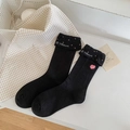 Simpatiche calze di cotone nero con risvolto a pois e ricamo a cuore rosa - Nero Rosa Cuore / Taglia unica