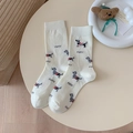 Creamy white mid-calf socks featuring grey cartoon puppy patterns and knit patches - One Size / Puppy Patch (Beige)