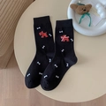 Black crew socks with red terrier embroidery and white bone pattern for women - One Size / Puppy Bowknot (Black)