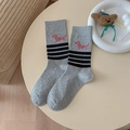 Cute grey mid-calf socks featuring dachshund embroidery and classic black stripes - One Size / Light Grey Black Stripes (Grey)