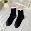 Calze nere da donna con bordi rosa a volant e dettaglio bottone a forma di cuore - Taglia unica / Nero