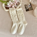 Elegant cream ruffled mid-calf socks featuring 3D rose applique and cable knit patterns - One Size / Cream