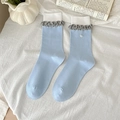 Light blue mid-calf knitted cotton socks with white ruffle trim and heart detail - One Size / Blue