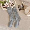 Grey knit mid-calf socks with 3D rose decor and elegant ruffled cuffs in sweet style - One Size / Light Gray