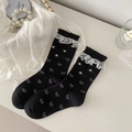 Süße schwarze Wadensocken mit weißer Spitze, Perlenbesatz und Schleifenmuster - Einheitsgröße / Schwarz