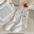 White crew socks with frilly edges and happy colorful embroidery for women - HAPPY Lettering (One Pair)