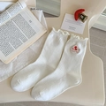 White cotton crew socks with red dog embroidery and ruffled lettuce trim edges - Little Red Dog (One Pair)