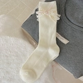 White Lolita rib-knit crew socks with delicate lace bow and pink ribbon details - One Size / Cream