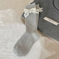 Grey ribbed crew socks with white lace bows and light blue ribbon for a sweet Lolita look - One Size / Gray