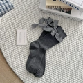 Dark grey knitted mid-calf socks with black and white plaid bow decoration - One Size / Dark Gray