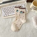 Off-white Dachshund puppy embroidery socks with brown polka dots and ribbed cuffs - One Size / Apple Dachshund (HT47)