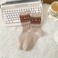 Fair Isle knit crew socks in khaki with brown puppy and snowflake jacquard patterns - Khaki